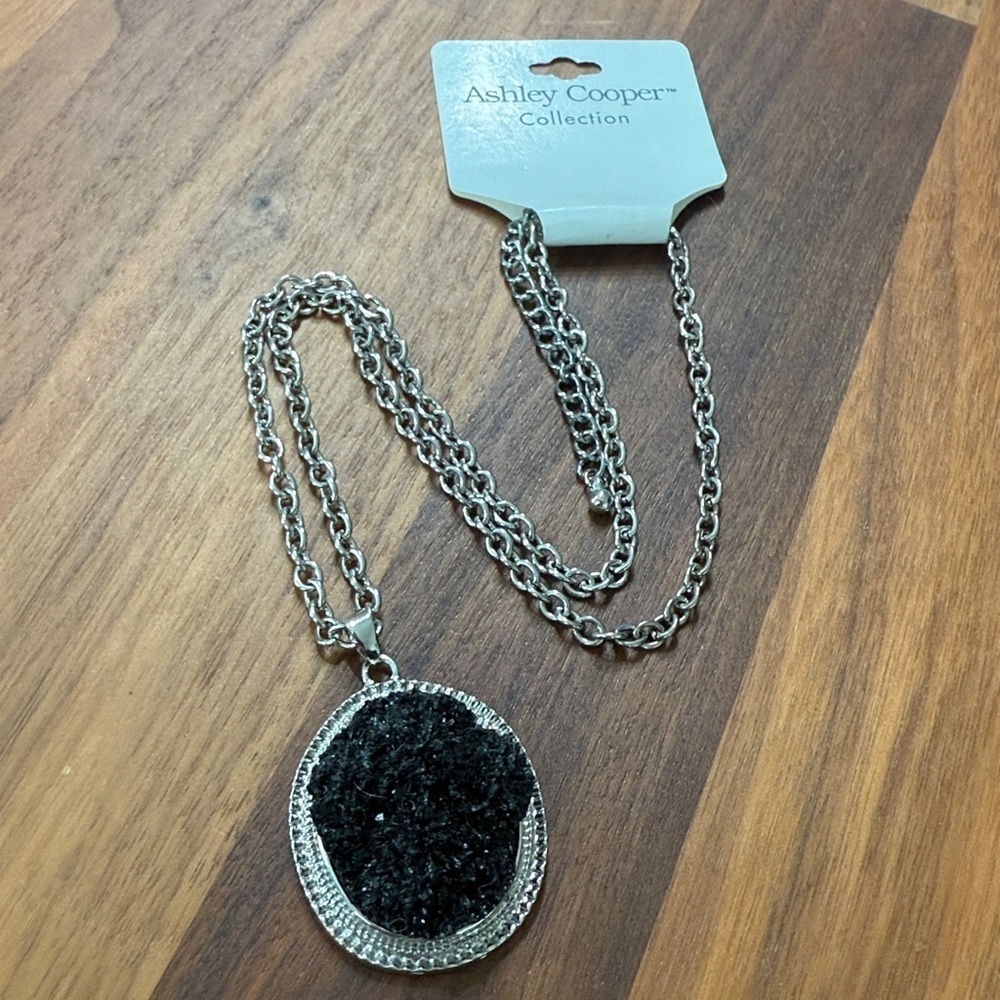 NWT Ashley Cooper Silver Tone Black Druzy Rock Geode Pendant Art Deco Necklace